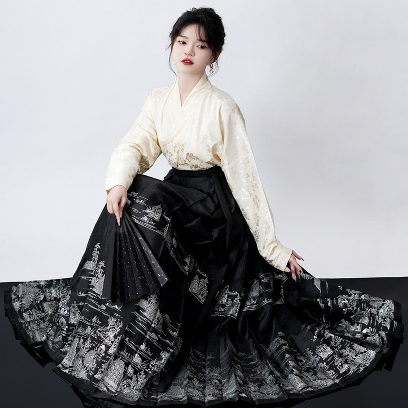 成人汉服织金织彩银精密缎面黑色仿螺钿马面裙日常通勤汉服明春秋