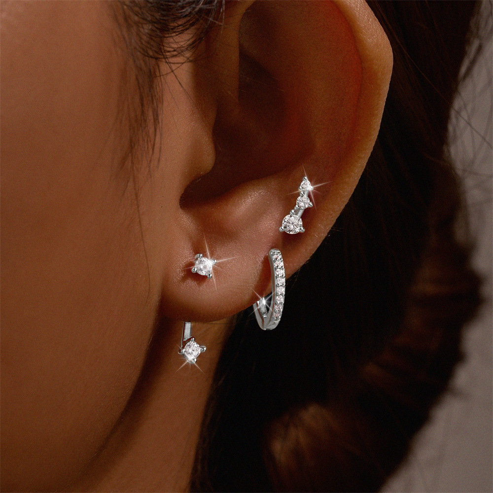 4g Weight 925 Sterling Silver Ear Needle Material Zircon Inlay Material Hoop Earrings, Ear Studs Classification 1 Set Quantity Holiday, Daily Occasion 925 Sterling Silver Material Geometric Pattern Women's Gender Plating Design Elegant, Simple Style Style 1 Set 925 Sterling Silver Zircon Geometric Hoop Earrings Ear Studs 17