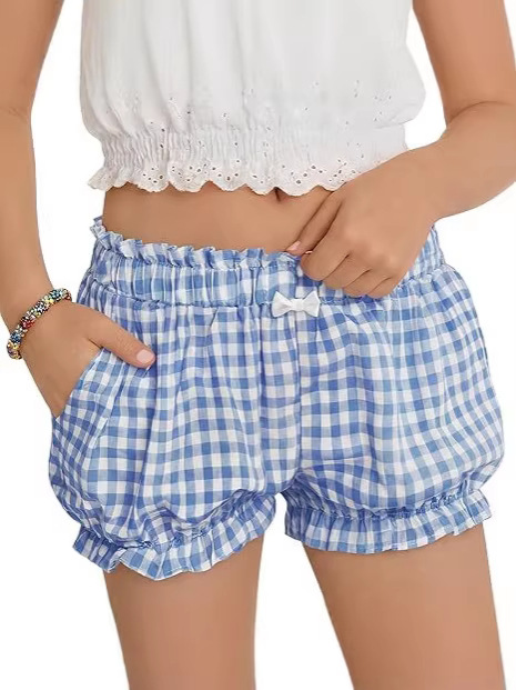 Cross-border summer girls' plaid ruffled bow cotton-feel cute loose pumpkin shorts 26009