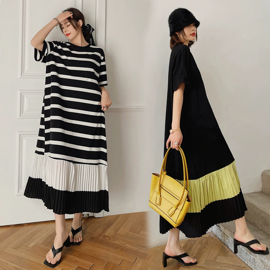 Лето 2022, новое удлиненное повседневное платье большого размера в тон, женское плиссированное повседневное платье с короткими рукавами и короткими рукавами, оптовая продажа