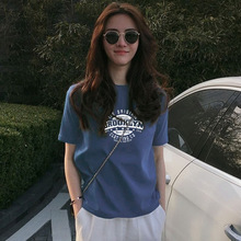 一件代发纯棉正肩t恤女上衣夏美式复古印花宽松显瘦白色短袖ins潮