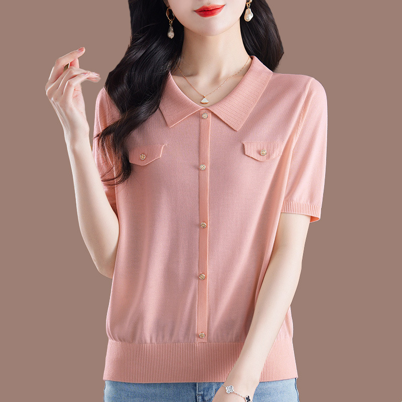テンセルリヨセル中年ママ服夏新作半袖Tシャツレディースゆったりおしゃれニットポロシャツトップス|undefined