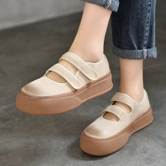 文藝風淺口單鞋女2024春季新款魔術貼厚底復古擦色女鞋圓頭休閒鞋