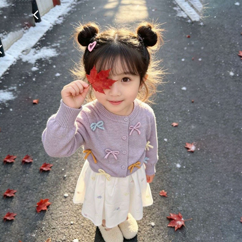 2026 Spring and Autumn Style Girls' Purple Knitted Cardigan, Stylish and Trendy Embroidered Sweater