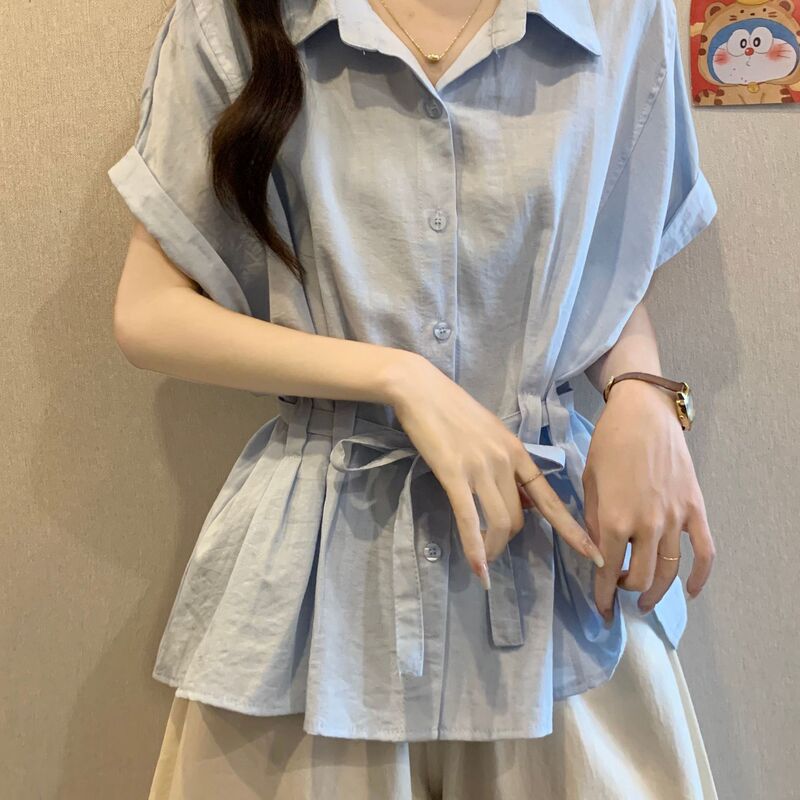 Plus-Size Women's French-Style Waist-Cinching Polo Collar Chiffon Short-Sleeve Shirt for Women, Elegant and Unique, Slimming and Figure-Flattering Top Plus-Size Women's French-Style Waist-Cinching Polo Collar Chiffon Short-Sleeve Shirt for Women, Elegant and Unique, Slimming and Figure-Flattering Top