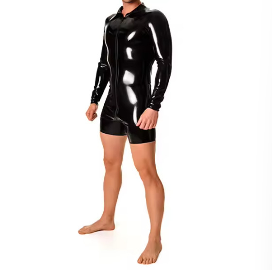 Latex Clothing, Latex Bodysuit, Lapel Collar, Shorts, Front Zipper, Latex Men's Jumpsuit