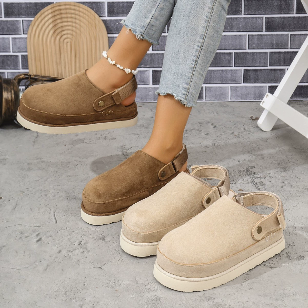 24 осенние новые внешнеторговые тапки большого размера женские европейские и американские модные дикие крафт-пуховые липучки с толстым дном