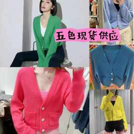 外贸毛衣205秋冬新款V领毛衣慵懒感水晶扣羊毛混纺针织开衫外套女