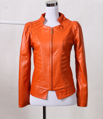 韩版气质立领长袖通勤短款拉链拼接牛皮皮革腰带女式春季皮夹克|ms