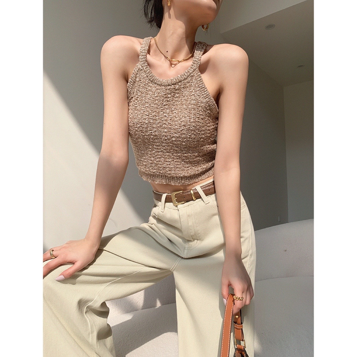 Khaki Halterneck Vest For Women Summer Hot Girl Slimming Short Top