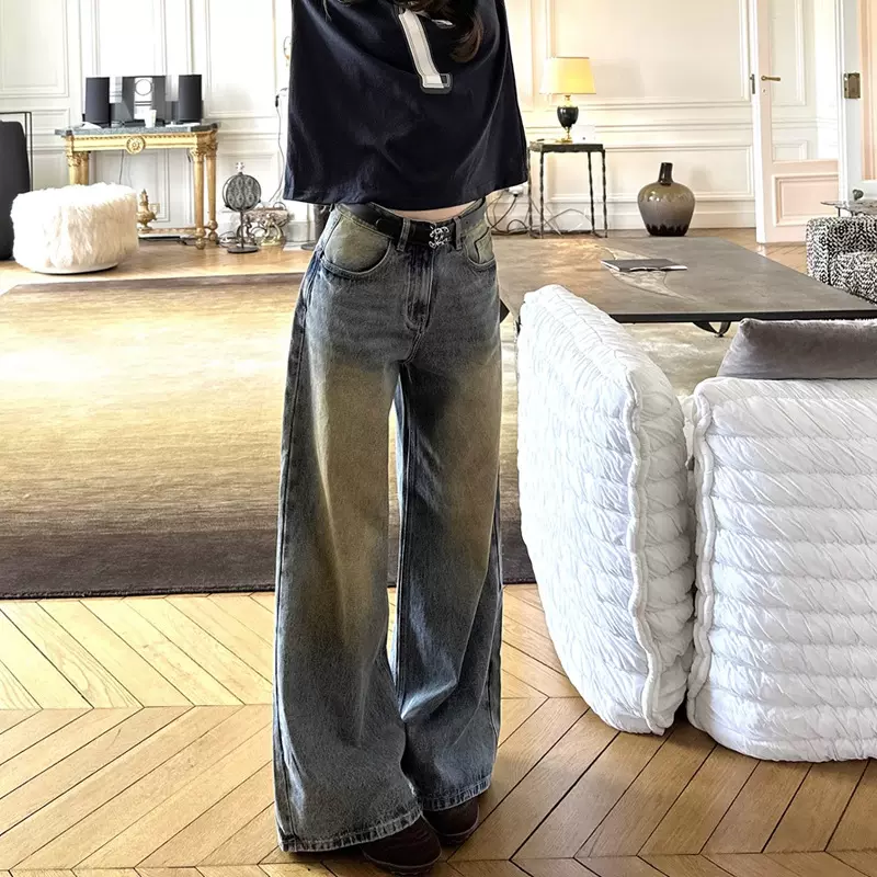 时髦水洗晕染脏脏牛仔裤式复古阔腿牛仔裤女秋季水洗做旧高腰