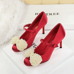 2615-H160 European and American Fashion Banquet Pearl Charm Round Head One line Buckle Strap High Heels Exquisite Single
