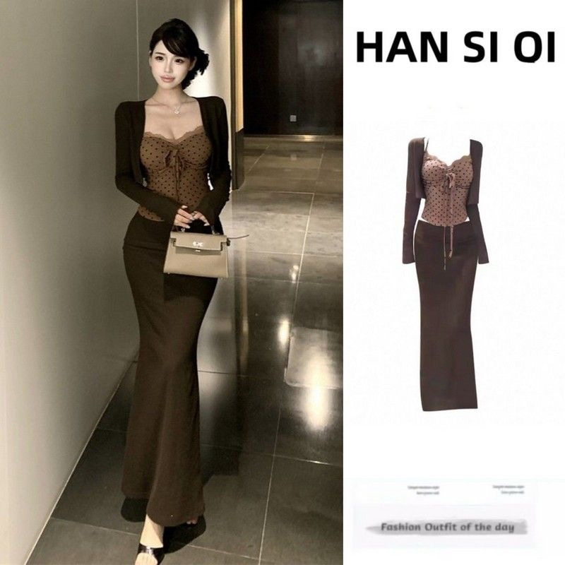 Elegant and sophisticated style women's autumn and winter outfit: cardigan, lace polka dot tube top, and bodycon skirt three-piece set