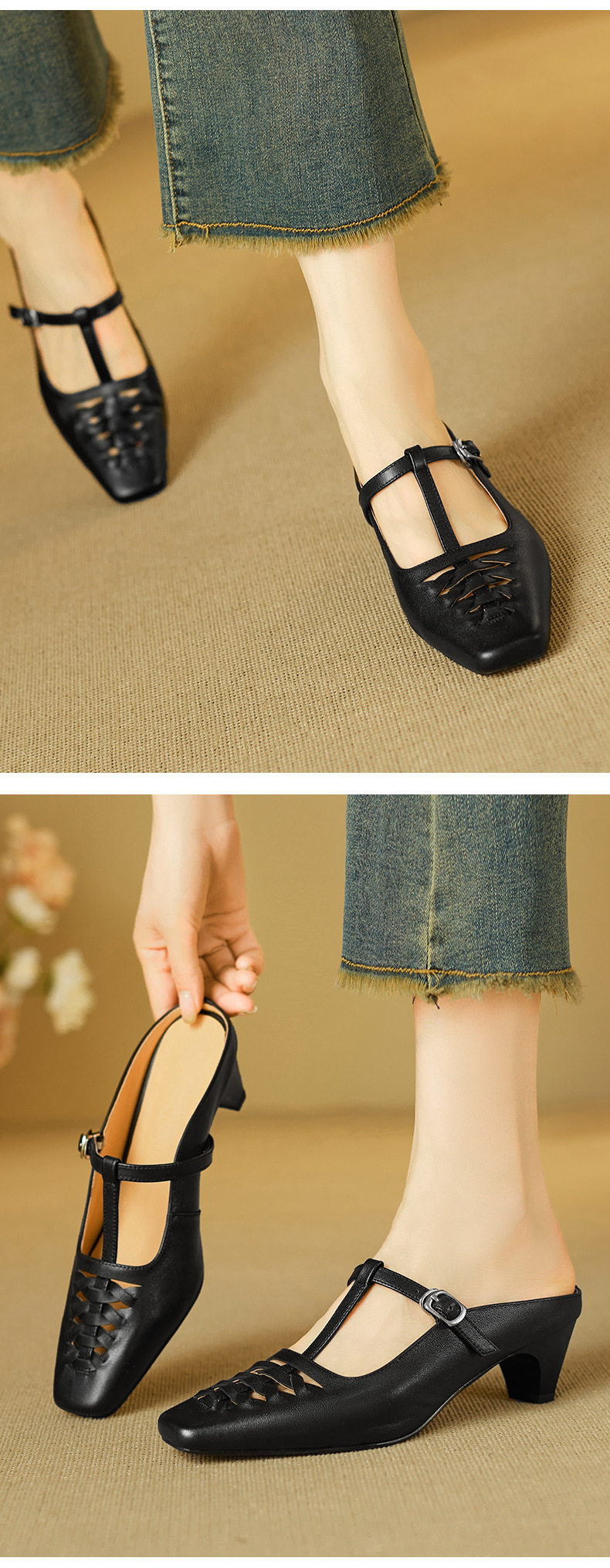 Sandal nữ gót thô 5 cm mũi vuông kiểu dệt vintage, quai chữ T bọc đầu — đen chi tiết 6