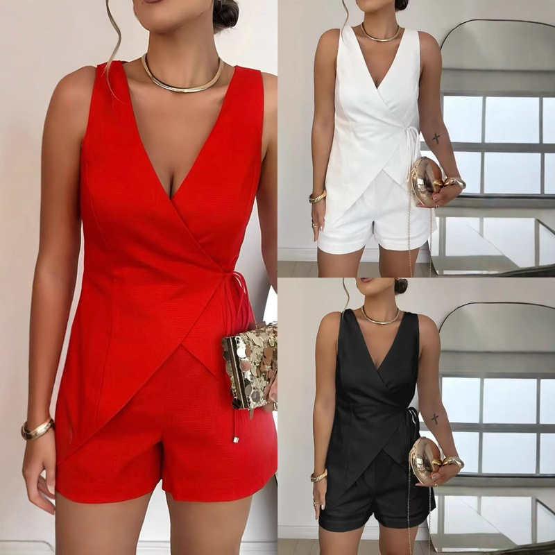 2025 Summer Cross-border Europe and America Amazon Foreign Trade Sleeveless Deep V Solid Color Shorts Temperament Commuter Fashion suit 2025 Summer Cross-border Europe and America Amazon Foreign Trade Sleeveless Deep V Solid Color Shorts Temperament Commuter Fashion suit
