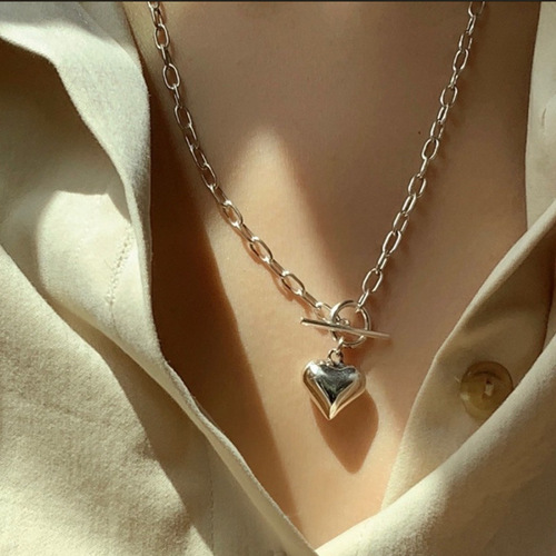 Korean Version 925 Silver 3D Heart OT Pendant Necklace for Women, Retro Fashion, Elegant Hip-Hop Peach Heart Clavicle Chain, Literary Trend