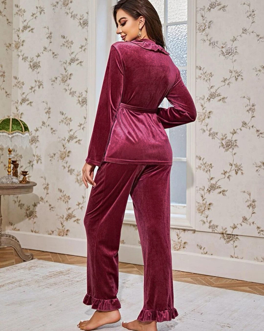 long-sleeved lace-up v neck fungus edge solid color velvet pajamas two-piece sets NSMSY139548