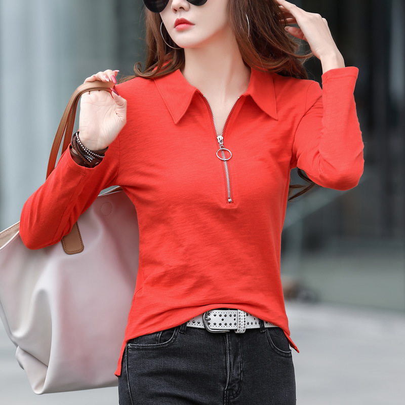 Women's long-sleeved T-shirt with collar lapel slub cotton Spring and Autumn new small shirt loose top polo shirt fashion wholesale