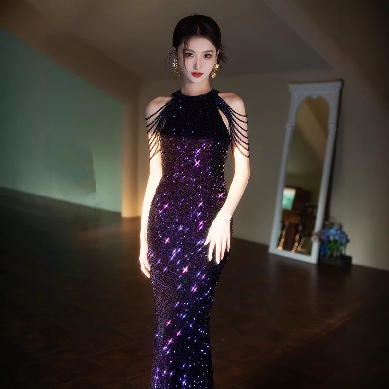 Summer New Grape Purple Mermaid Slim Dress Skirt High-End Elegant Halter-Neck Long Skirt Sequin Dress Summer New Grape Purple Mermaid Slim Dress Skirt High-End Elegant Halter-Neck Long Skirt Sequin Dress