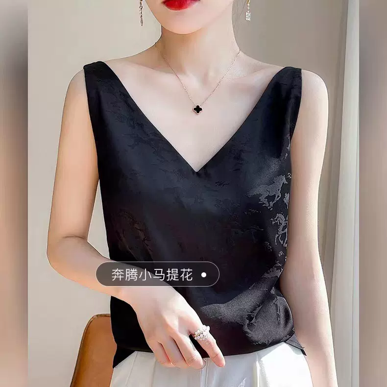 吊带背心女西装内搭醋酸绸缎网红打底小众设计V领提花上衣