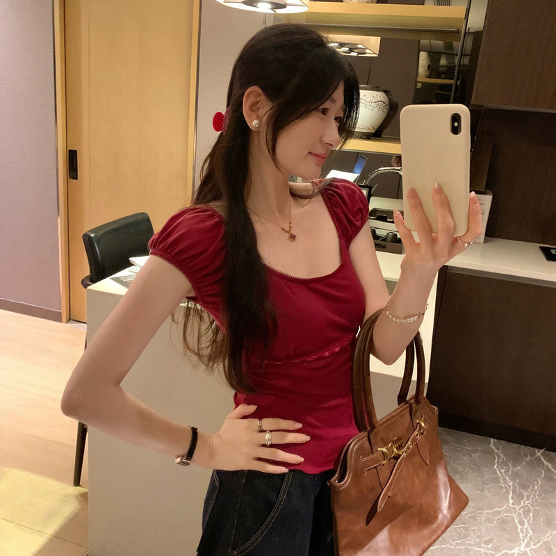 French-Style Lace Patchwork Slim-Fit U-Neck Puff Sleeve T-Shirt for Women, Summer 2026 New Trendy Hot-Selling Top French-Style Lace Patchwork Slim-Fit U-Neck Puff Sleeve T-Shirt for Women, Summer 2026 New Trendy Hot-Selling Top