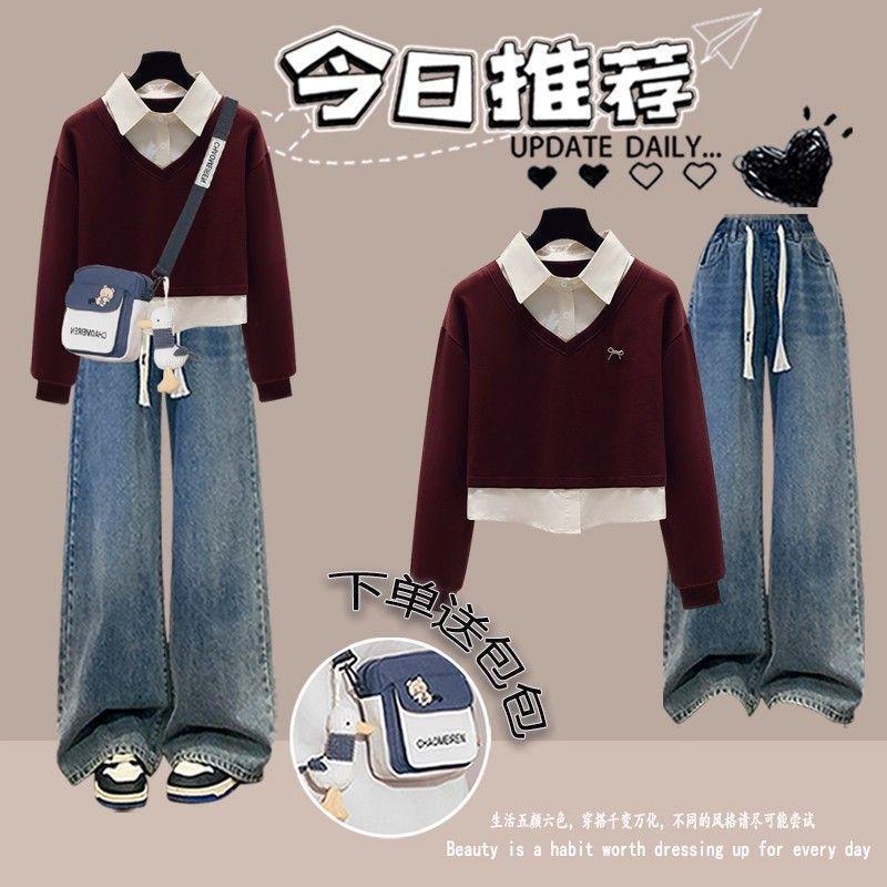 初高中学生假两件卫衣女春秋2025新款学院风少女POLO领套头上衣服|undefined