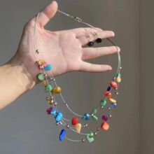 波西米亚度假风彩色碎石冰晶多层叠戴项链复古民族风多巴胺锁骨链