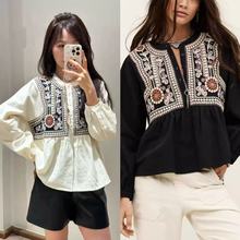 轻熟法式小众衬衫新款波西米亚风刺绣灯笼袖气质圆领百搭宽松衬衫