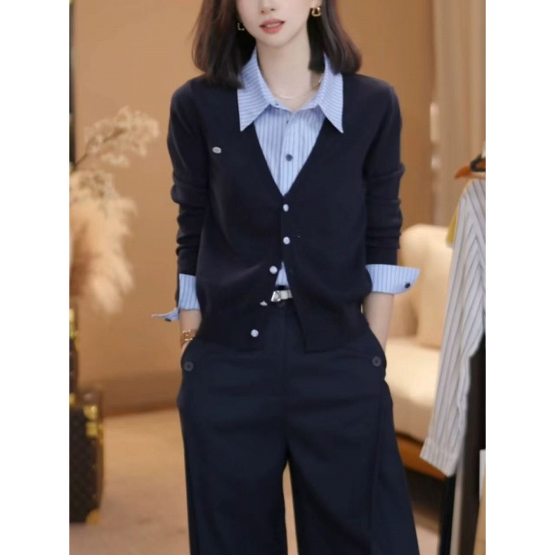 Fake Two-Piece Spliced ​​Knitted Cardigan for Women 2025 Autumn New Style Small Knitted Layered Inner Lapel Top