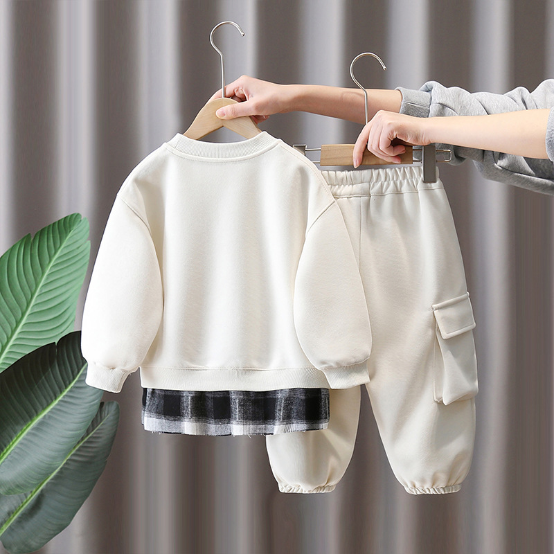 7676 Traje de primavera para niños 2025 Ropa de moda falsa de dos piezas para niños Primavera y otoño Suéter y pantalones de dos piezas Primavera