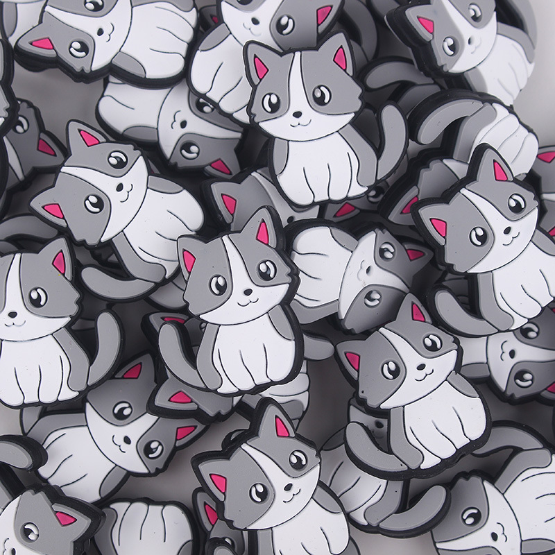 Joyas europeas y americanas, cuentas de silicona de dibujos animados, accesorios para bolígrafos, brazalete de bricolaje, collar, cuentas de goteo de gato de agujero recto