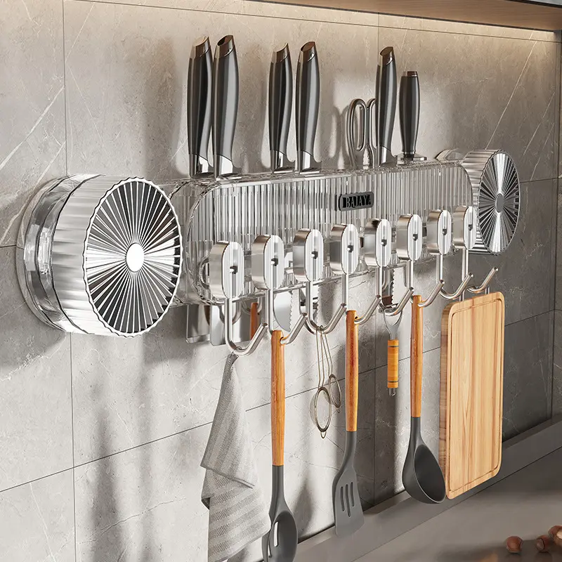 ♤ Suction Cup Row Hook Knife Holder Without Punching Kitchen Wall-Mounted Multi-Functional Spatula Knife Holder Row Hook Knife Storage