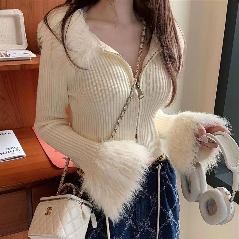 法式修身毛毛针织衫开衫女秋冬设计新款针织拉链短款毛衣外套上衣|undefined