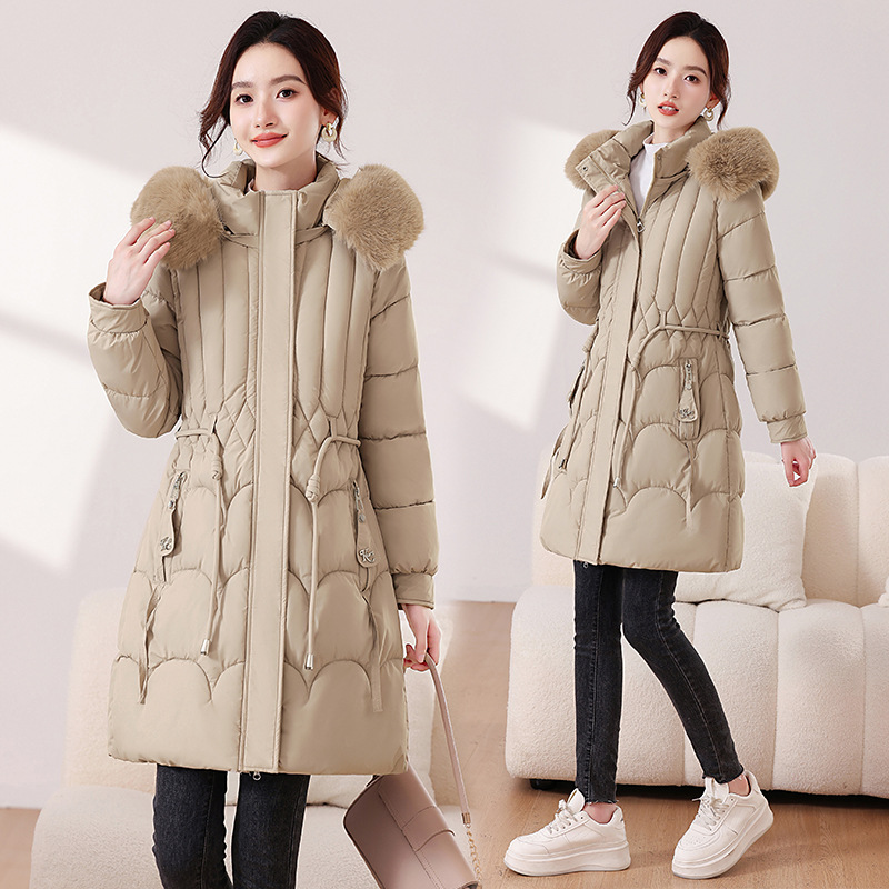 25 ropa de algodón delgada y gruesa de estilo largo y medio, abrigo de comercio exterior de mujeres, cuello de pelo grande desmontable, chaqueta de algodón cálida, pluma de algodón