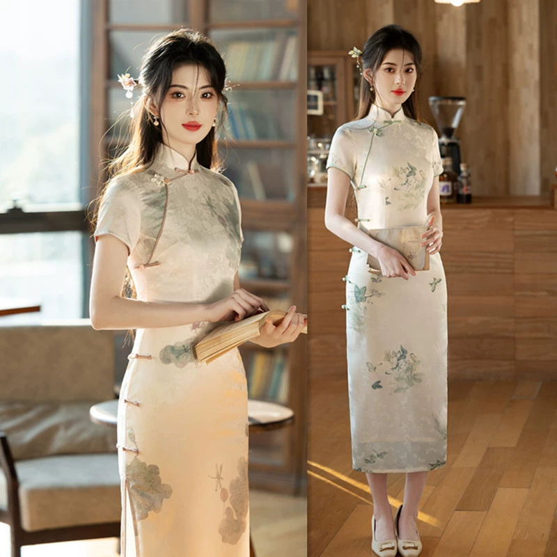 Eya китайский длинный с короткими рукавами cheongsam 2025 весна и лето новый ретро национальный стиль молодой, тонкая повседневная юбка cheongsam