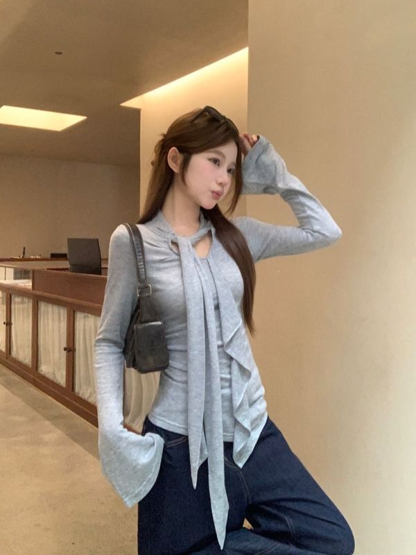 荷叶边飘带圆领长袖T恤针织衫女夏2025新款不规则设计感打底上衣|undefined