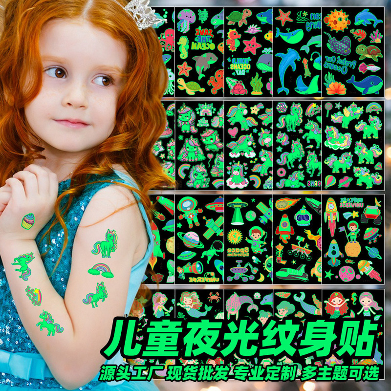 Cross-Border New Children's Cartoon Luminous Mermaid Tattoo Stickers Mermaid Princess Holiday Party Temporary Stickers