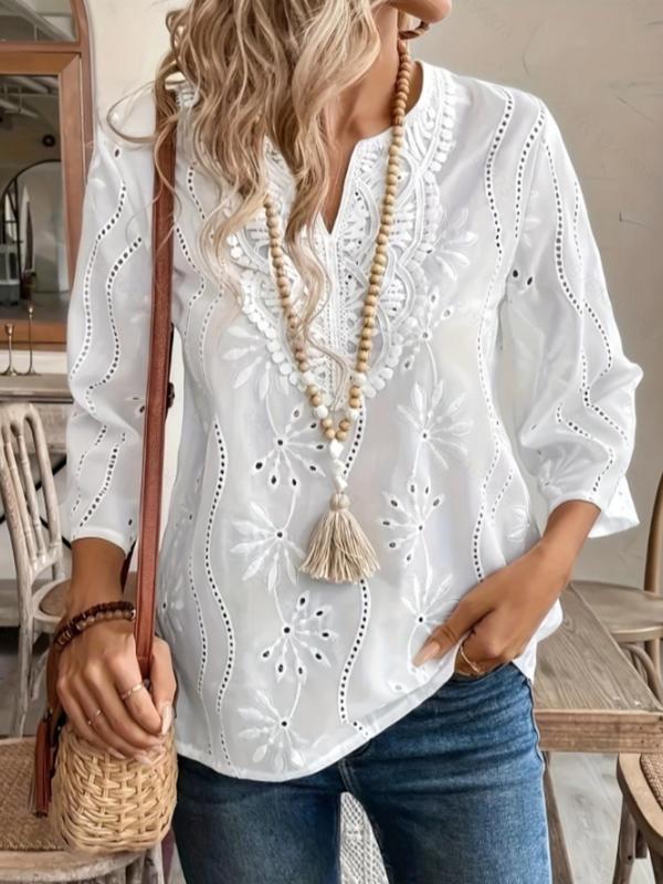 Women's Plain Eyelet Embroidery Notched Blouse Elegant 3 4