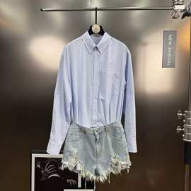 2025夏季新款翻领蓝色条纹拼接牛仔连体衣假两件连体裤女