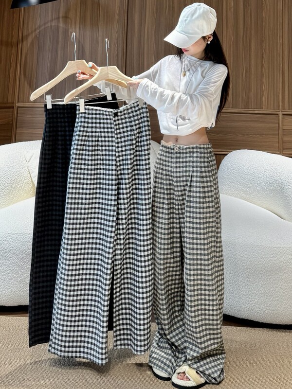 慵懒复古格子阔腿裤女春秋季新款高腰显瘦百搭直筒宽松垂感休闲裤|undefined