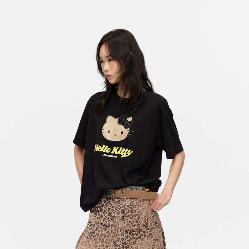 Revan Black Leather Hellokitty Holiday-Style Caviar Black Loose T-Shirt Cotton-Linen Blend