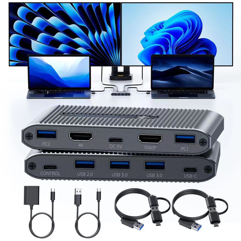 2-in -6-out HDMI KVM switch docking station (only need to connect 2 HDMI lines, solid line, dual video switching)