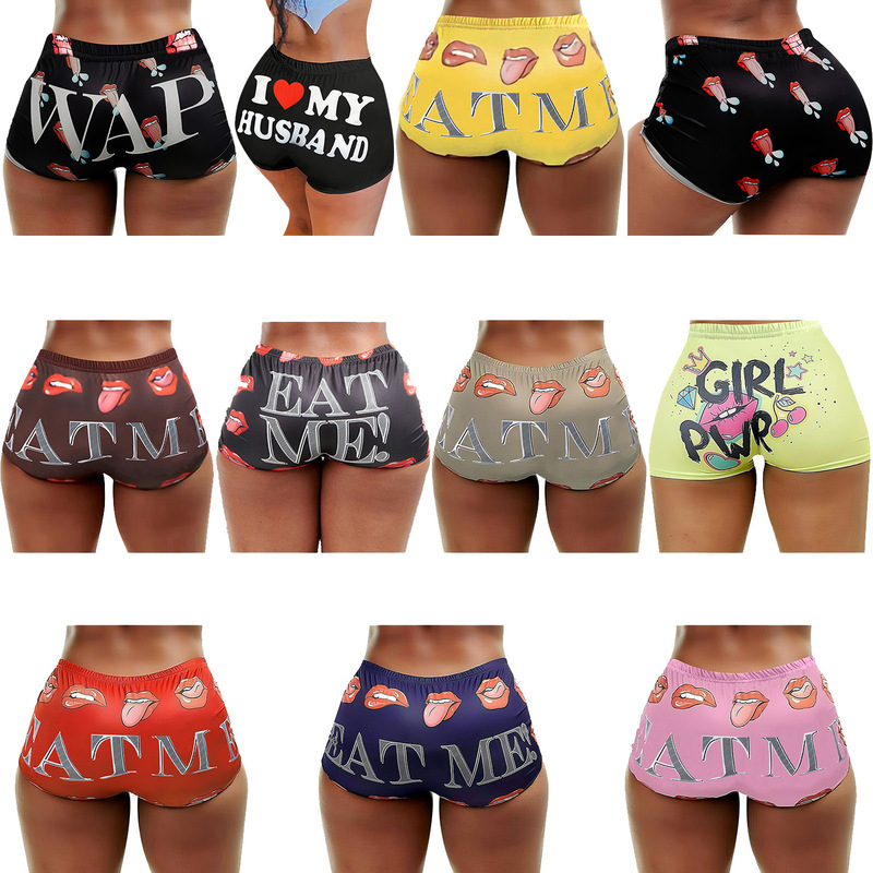 M3057 European and American Amazon Summer New Women's Tight Stretch Casual Shorts Lip Letter Printed Hot Pants