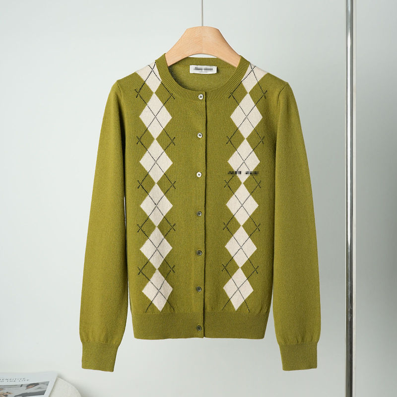 High-End Miu Women's Knitted Cardigan with Round Neck, New Letter Miu Miu Logo, Long Sleeves, Diamond Pattern, Stylish Commuter Sweater