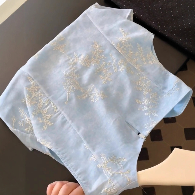 新中式浅百搭刺绣无袖衬衫夏季茶里茶气别致上衣褶皱荷叶边娃娃衫|undefined