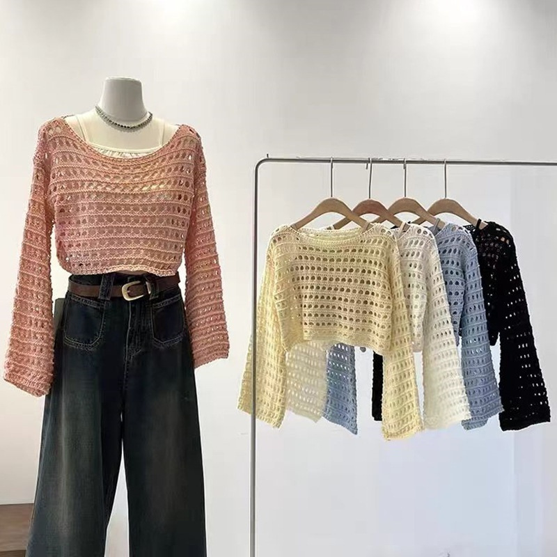 2026 Spring and Summer New Style French Short Long-Sleeve Hollow-Out Knit Sweater for Women, Thin Design Sun Protection Cover-Up Top