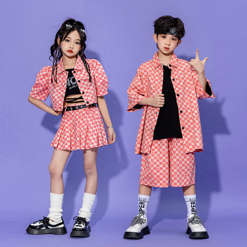 Girls boys pink plaid hiphop rappaer singers Street dance costumes for kids children gogo dancers hiphop drumming cheerleaders performance clothing