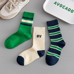 Green Socks for Women - New Mid-Calf Striped Ins Fashion Brand Double Needled Embroidered Combed Cotton Pile Socks