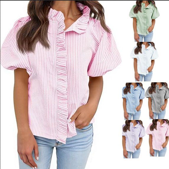 Amazon 2026 Women's Short Puff Sleeve Buttoned Summer Ruffled Striped Stand Collar Fashion Casual Loose Shirt Amazon 2026 Women's Short Puff Sleeve Buttoned Summer Ruffled Striped Stand Collar Fashion Casual Loose Shirt
