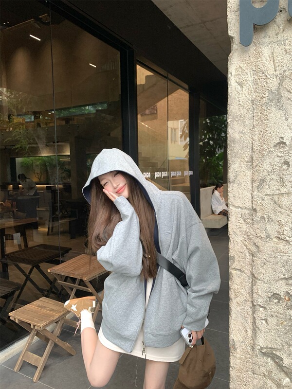 美式复古撞色连帽拉链卫衣外套女秋季休闲宽松开衫慵懒风灰色上衣|undefined